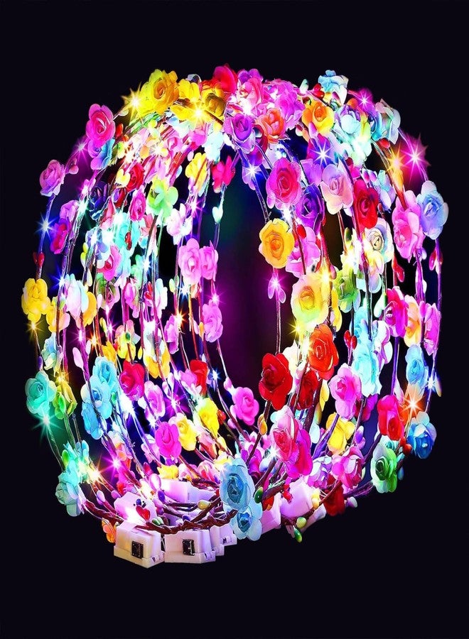 HONLYNE Valentines Day Gifts, 54 PCS New Year LED Flower Crowns Headbands, Light Up Flower Crowns For Women, Glow in the Dark Headband for Wedding Reception Mardi Gras Cosplay Princess Party Favors - Image 1